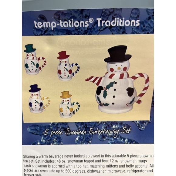 Temptations 5-Piece Snowman Entertaining Tea Set NIB. 48oz Teapot & 4 12oz Mugs - Picture 8 of 13